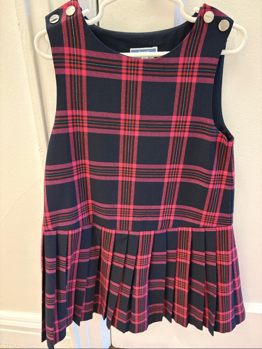 Jacadi Navy and Hot Pink Plaid Pleated Dress
